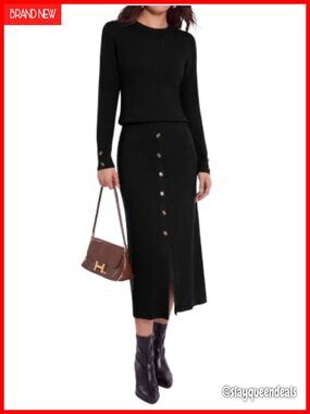 Knit 2 Piece Skirt Set Long Sleeve Sweater Midi Skirt Fall Outfit
